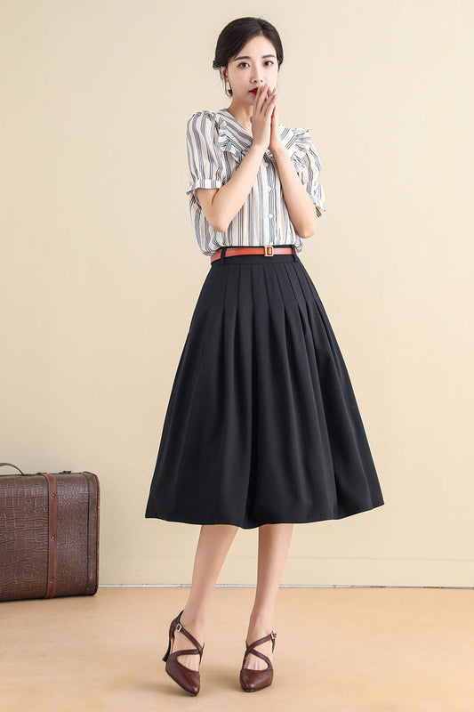 Black A Line pleated Midi Circle Skirt with Pockets 2785