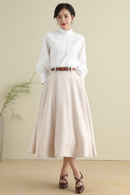 Beige Vintage Inspired 1950s Swing Linen Midi Skirt 278701