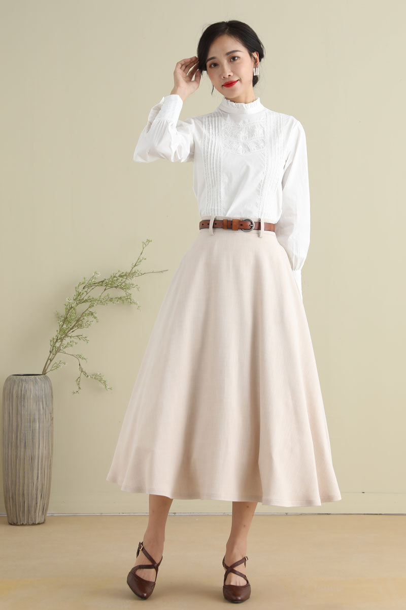 Beige Vintage Inspired 1950s Swing Linen Midi Skirt 278701