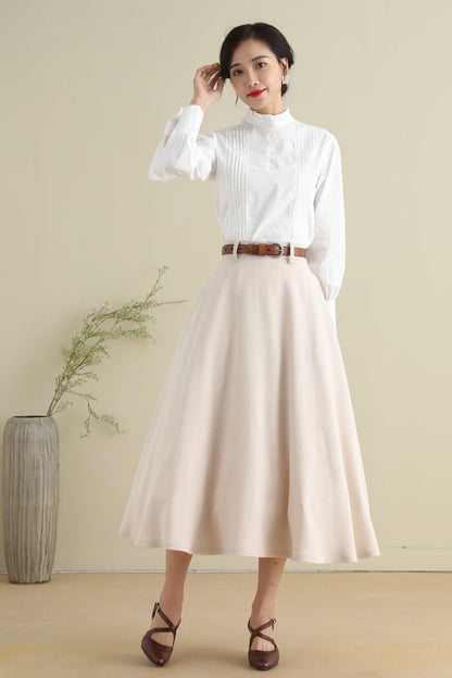 Beige Cotton Blend Midi Skirt - Vintage 1950s Swing Circle Skater 2787