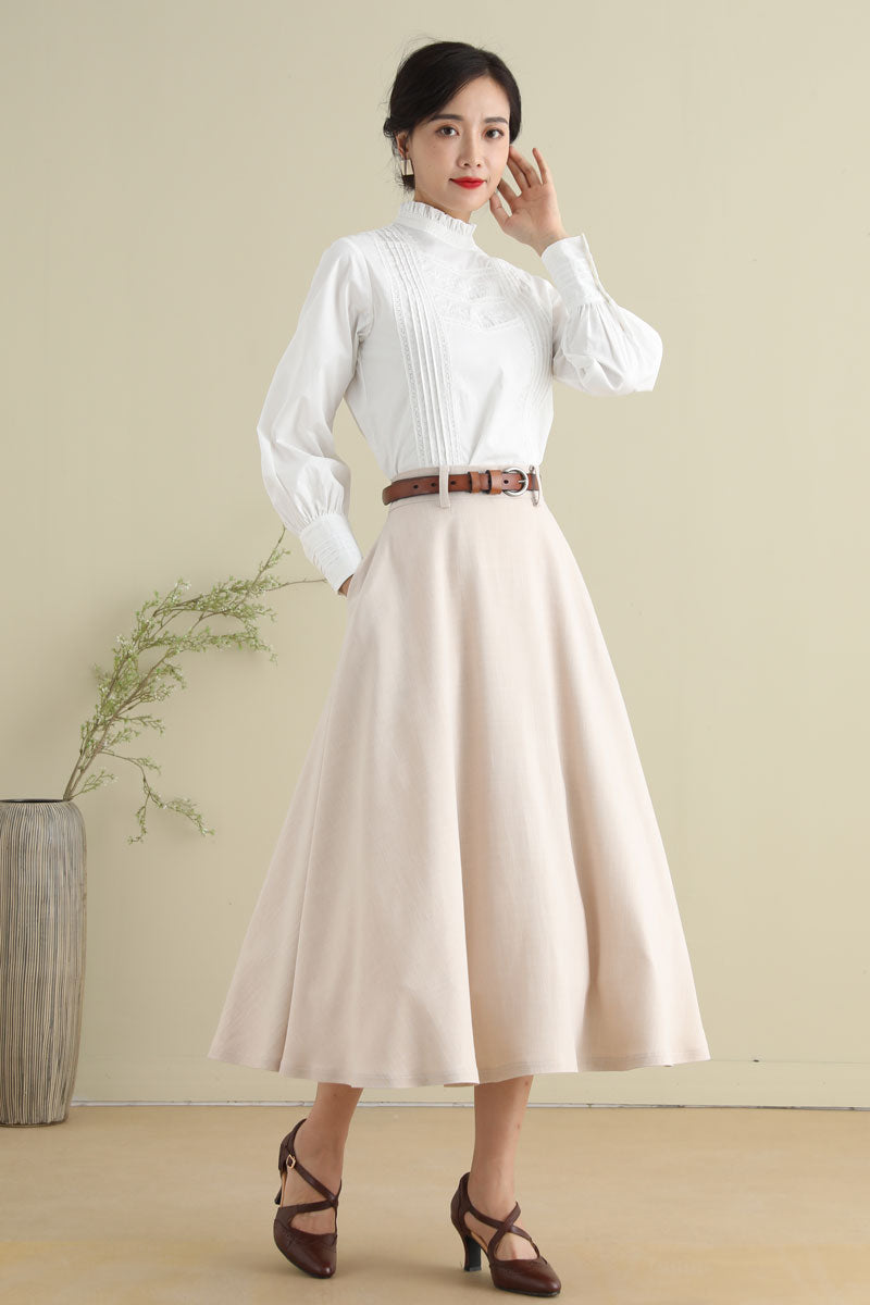 Beige Vintage Inspired 1950s Swing Linen Midi Skirt 278701