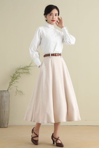Beige Cotton Blend Midi Skirt - Vintage 1950s Swing Circle Skater 2787