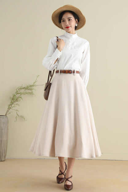 Beige Cotton Blend Midi Skirt - Vintage 1950s Swing Circle Skater 2787