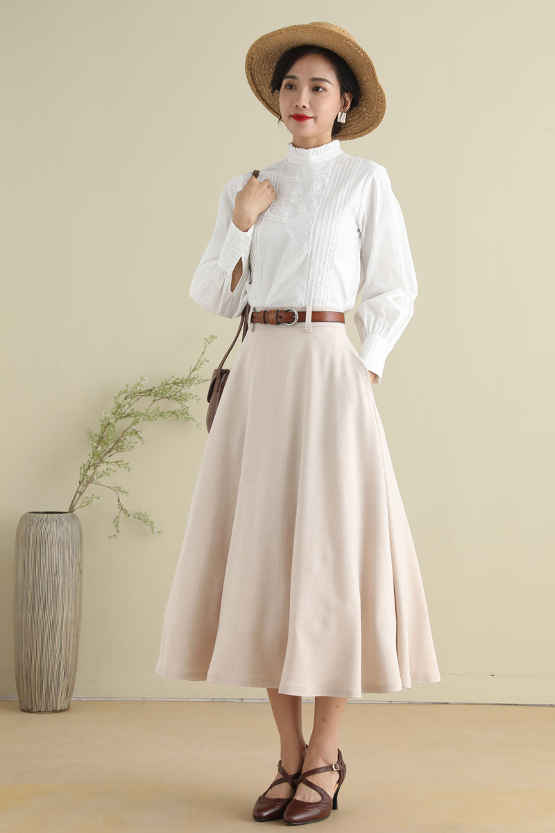 Beige Vintage Inspired 1950s Swing Linen Midi Skirt 278701