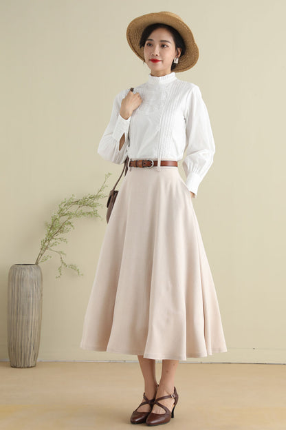 Beige Cotton Blend Midi Skirt - Vintage 1950s Swing Circle Skater 2787