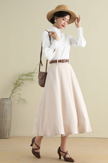 Beige Cotton Blend Midi Skirt - Vintage 1950s Swing Circle Skater 2787