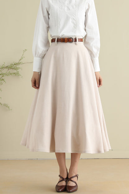 Beige Cotton Blend Midi Skirt - Vintage 1950s Swing Circle Skater 2787