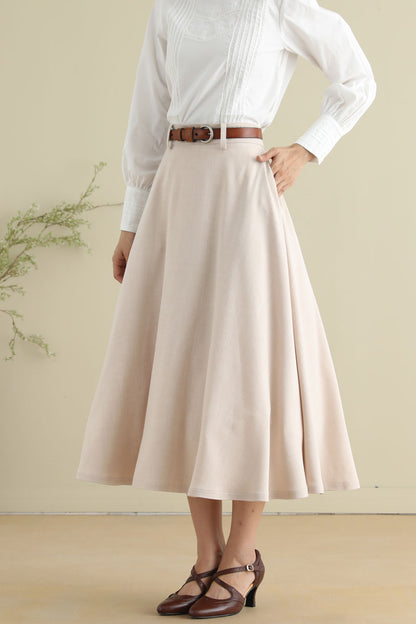 Beige Cotton Blend Midi Skirt - Vintage 1950s Swing Circle Skater 2787