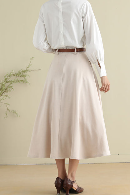 Beige Cotton Blend Midi Skirt - Vintage 1950s Swing Circle Skater 2787