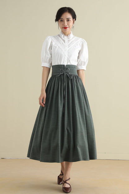 Green Linen Cotton Midi Skirt - Pleated High Waist with Drawstring 2788