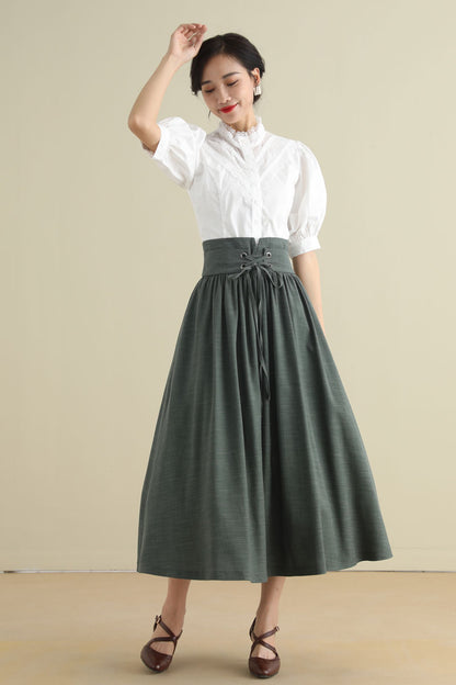 Green Linen Cotton Midi Skirt - Pleated High Waist with Drawstring 2788
