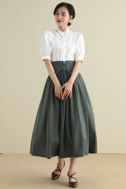 Green Linen Cotton Midi Skirt - Pleated High Waist with Drawstring 2788