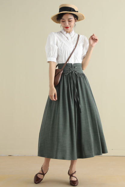 Green Linen Cotton Midi Skirt - Pleated High Waist with Drawstring 2788