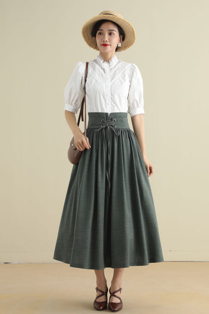 Green Linen Cotton Midi Skirt - Pleated High Waist with Drawstring 2788