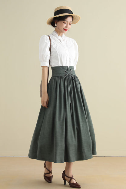 Green Linen Cotton Midi Skirt - Pleated High Waist with Drawstring 2788