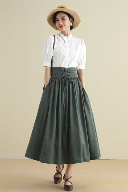 Green Linen Cotton Midi Skirt - Pleated High Waist with Drawstring 2788