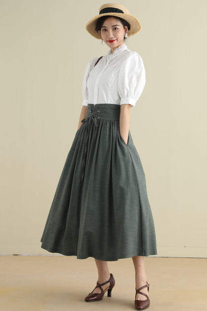 Green Linen Cotton Midi Skirt - Pleated High Waist with Drawstring 2788