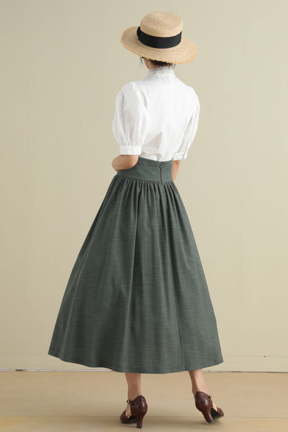 Green Linen Cotton Midi Skirt - Pleated High Waist with Drawstring 2788