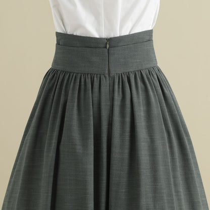 Green Linen Cotton Midi Skirt - Pleated High Waist with Drawstring 2788