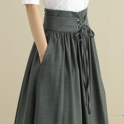 Green Linen Cotton Midi Skirt - Pleated High Waist with Drawstring 2788