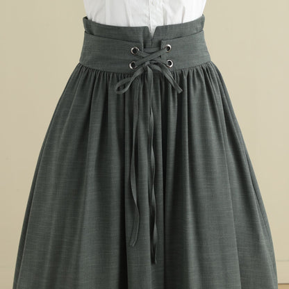 Green Linen Cotton Midi Skirt - Pleated High Waist with Drawstring 2788