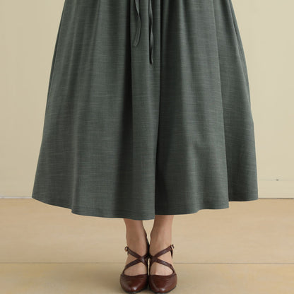 Green Linen Cotton Midi Skirt - Pleated High Waist with Drawstring 2788