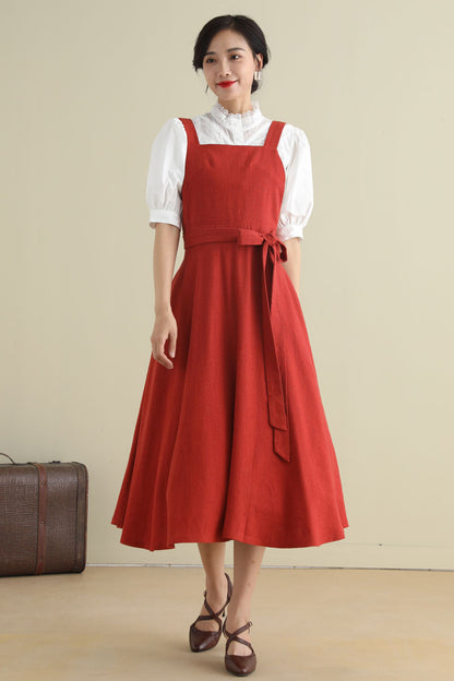 Rust Red Linen Blend Pinafore Dress - Fit and Flare Silhouette 2789