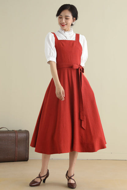Rust Red Linen Blend Pinafore Dress - Fit and Flare Silhouette 2789