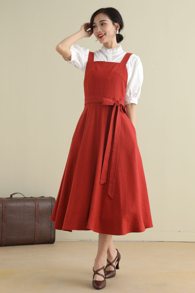 rust red dress Rust Red Pinafore Linen Dress