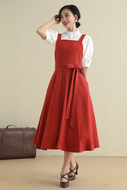 Rust Red Linen Blend Pinafore Dress - Fit and Flare Silhouette 2789