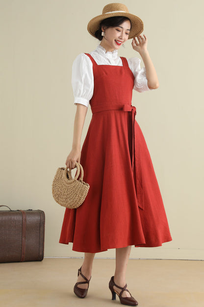Rust Red Linen Blend Pinafore Dress - Fit and Flare Silhouette 2789