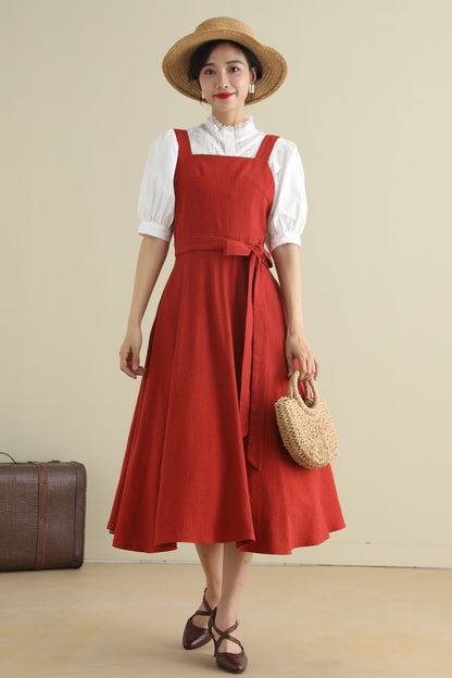 Rust Red Linen Blend Pinafore Dress - Fit and Flare Silhouette 2789