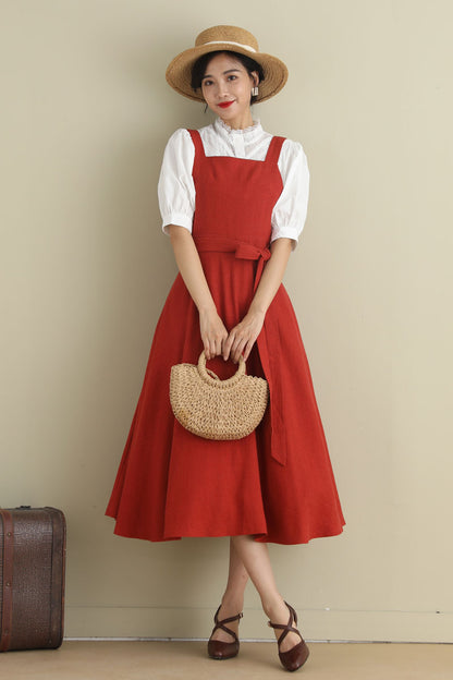 Rust Red Linen Blend Pinafore Dress - Fit and Flare Silhouette 2789