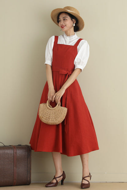 Rust Red Linen Blend Pinafore Dress - Fit and Flare Silhouette 2789