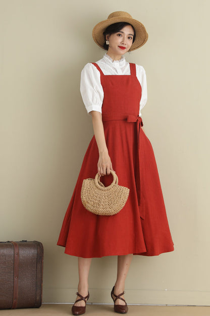 Rust Red Linen Blend Pinafore Dress - Fit and Flare Silhouette 2789