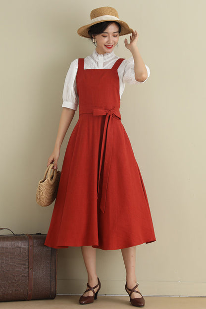 Rust Red Linen Blend Pinafore Dress - Fit and Flare Silhouette 2789