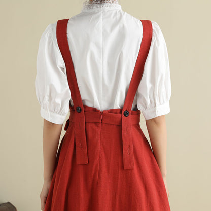 Rust Red Linen Blend Pinafore Dress - Fit and Flare Silhouette 2789
