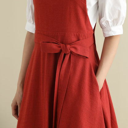 Rust Red Linen Blend Pinafore Dress - Fit and Flare Silhouette 2789