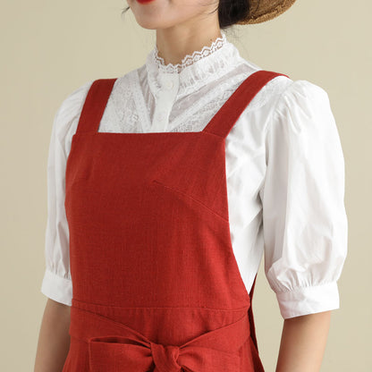 Rust Red Linen Blend Pinafore Dress - Fit and Flare Silhouette 2789