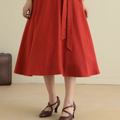 Rust Red Linen Blend Pinafore Dress - Fit and Flare Silhouette 2789
