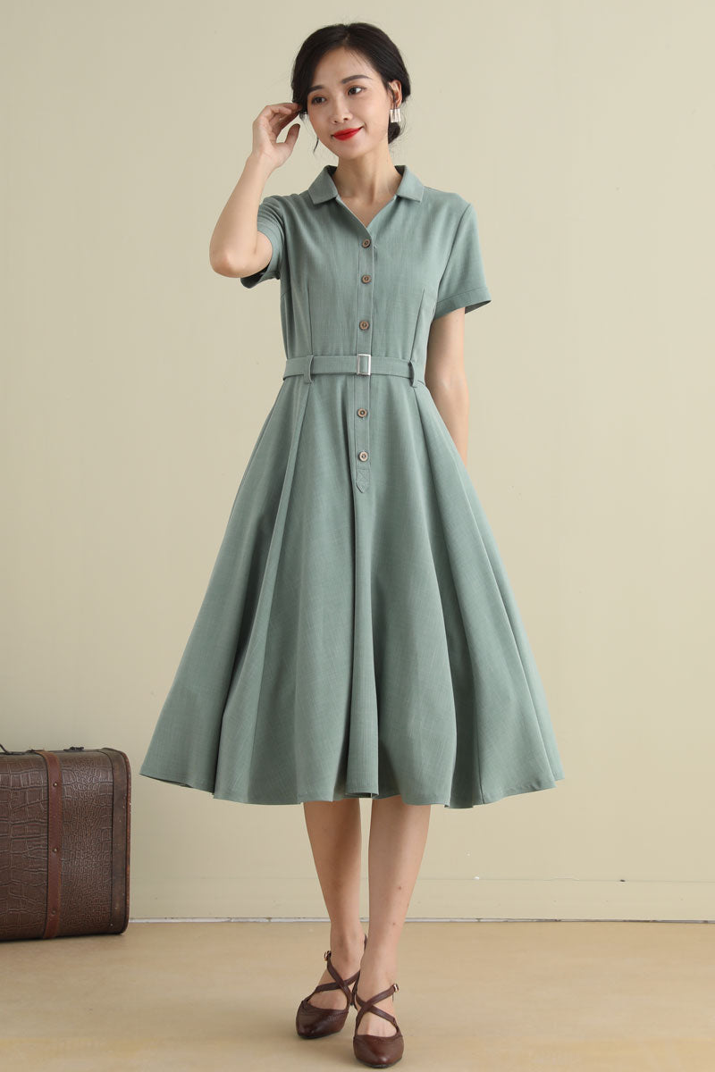 1950s Handmade Linen Cotton Shirt Dress Vintage Green Midi | Xiaolizi Green / L 1950s Handmade Linen Cotton Shirt Dress Vintage Green Midi | Xiaolizi Green / L