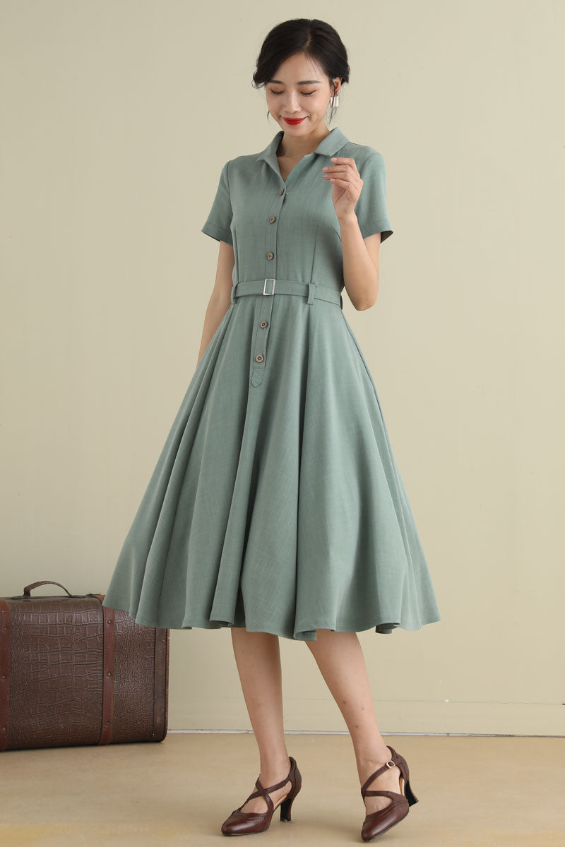 1950s Handmade Linen Cotton Shirt Dress Vintage Green Midi | Xiaolizi Green / L 1950s Handmade Linen Cotton Shirt Dress Vintage Green Midi | Xiaolizi Green / L
