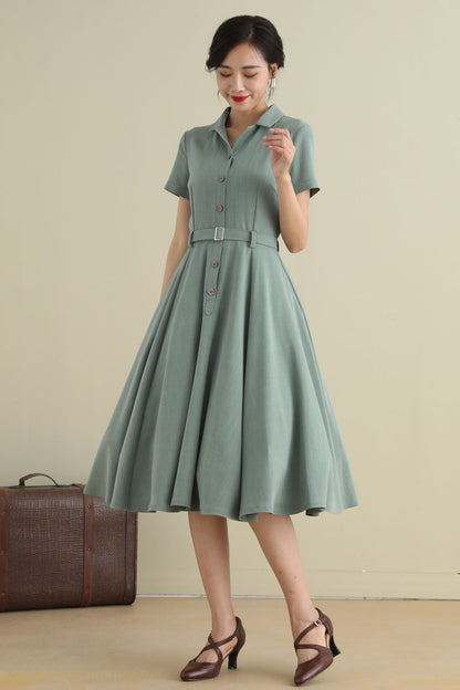 1950s Handmade Linen Cotton Shirt Dress – Vintage Green Midi | Xiaolizi 2790