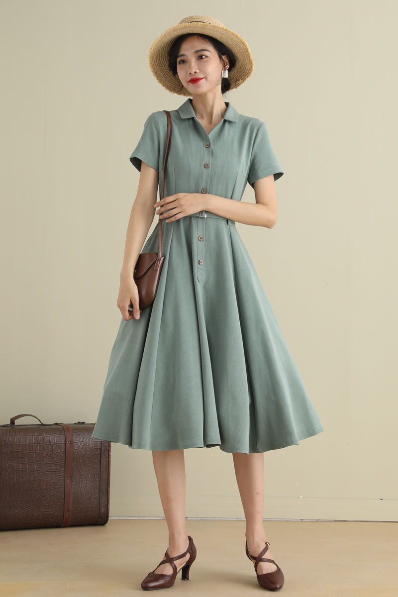 1950s Handmade Linen Cotton Shirt Dress Vintage Green Midi | Xiaolizi Green / L 1950s Handmade Linen Cotton Shirt Dress Vintage Green Midi | Xiaolizi Green / L