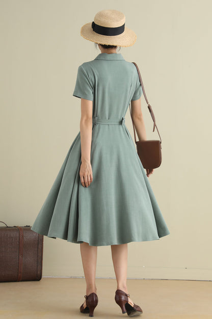1950s Handmade Linen Cotton Shirt Dress – Vintage Green Midi | Xiaolizi 2790