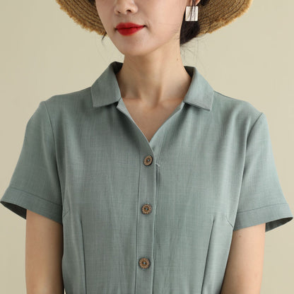 1950s Handmade Linen Cotton Shirt Dress – Vintage Green Midi | Xiaolizi 2790