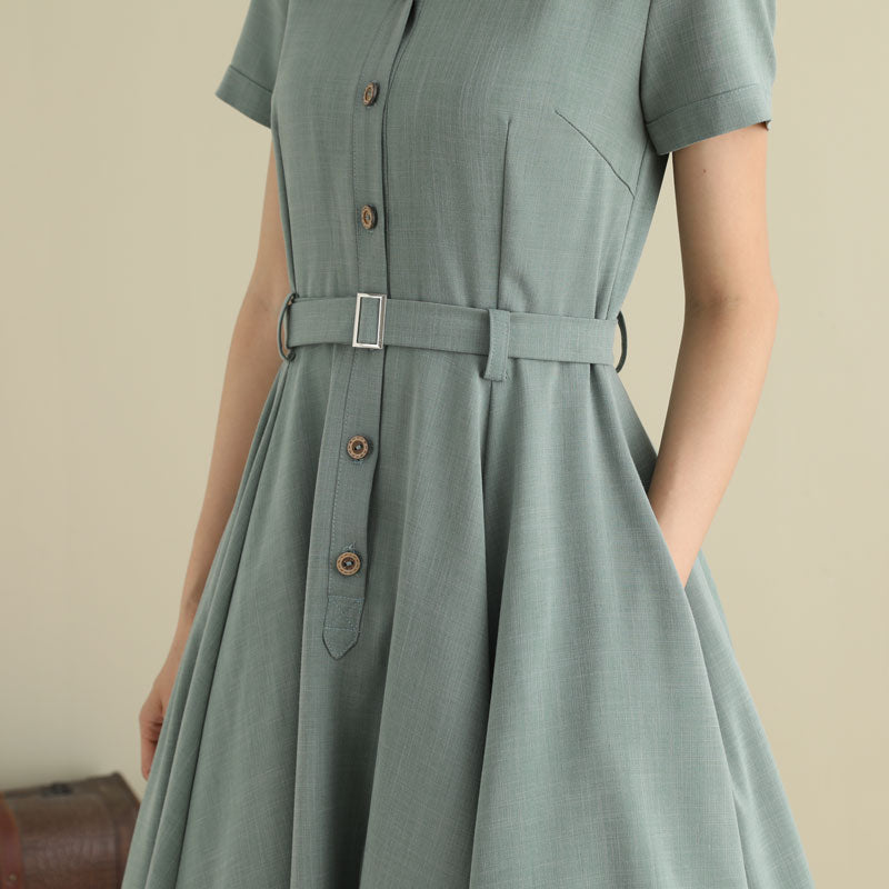 1950s Green Midi Linen Shirt Dress 2790