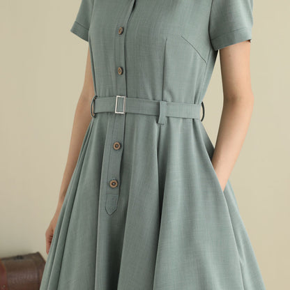 1950s Handmade Linen Cotton Shirt Dress – Vintage Green Midi | Xiaolizi 2790