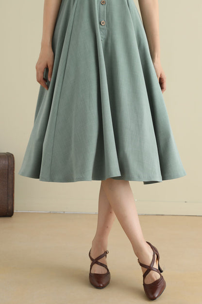 1950s Handmade Linen Cotton Shirt Dress – Vintage Green Midi | Xiaolizi 2790