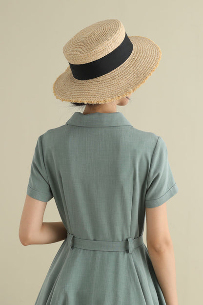 1950s Handmade Linen Cotton Shirt Dress – Vintage Green Midi | Xiaolizi 2790